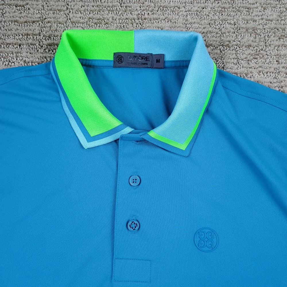 G/FORE Golf Polo Shirt Mens Medium Blue Neon Green Colorblock Lost Dunes Logo